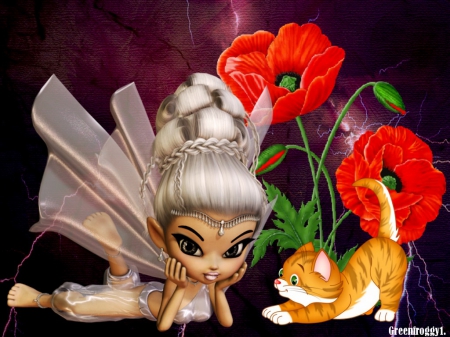 GENIE AND HER KITTY - poppy, creation, kitty, abstract