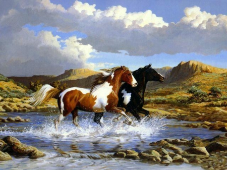 Painted Horses - clouds, water, horses, painting, mountains, rocks