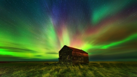 amazing colorful dream aurora scene - prairie, stone, aurora borealis, stars, dream, cottage