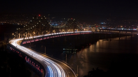 car lights on a bridge in long exposure - long exposure, river, night, cars, bridge, lights