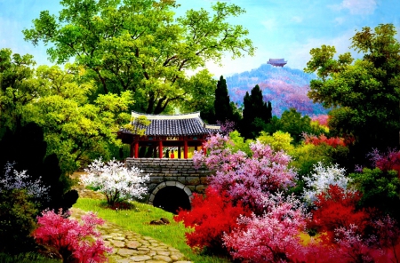 Japanese nature - lapanese, trees, blossoms, summer, beautiful, parg, spring, lovely, blooming, colorful, nature, painting, garden, gazebo, pagoda, art