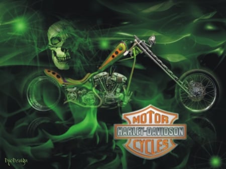 Green Skull - bike, motorcycle, harley davidson, chopper