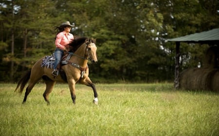 Cowgirl Riding - girls, westerns, women, saddles, hats, ranch, cowgirls, outdoors, horses, rodeo, fun, female, boots