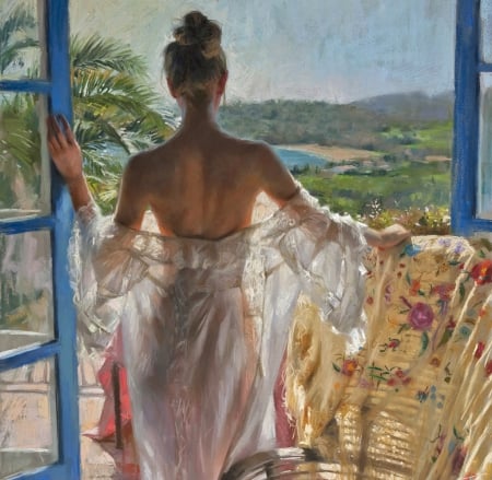 View of the Lake - feminine, portrait, painting, women