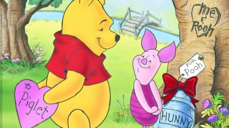 Winnie the Pooh and Piglet - winnie the pooh, trees, heart, Piglet