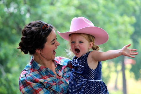 Tiny Little Cowgirl - pink hat, mom, trees, cowgirl