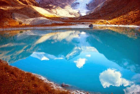 Reflecting A Piece Of Heaven, Alps - lake, mountains, turquoise water, beautiful, nature, switzerland, glacier, grass