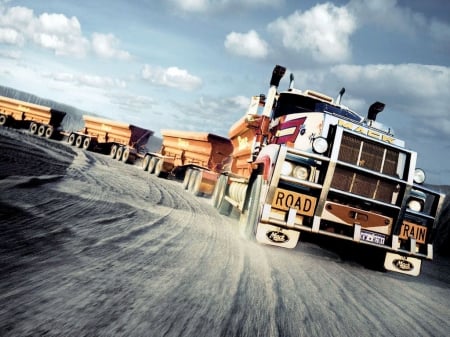 road train - truck, road, dirt, train