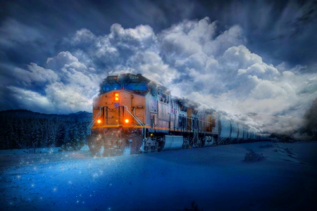 The Starlight Express - california, light, winter, fantasy, white, train, forest, snow, blue, beautiful, clouds, hdr