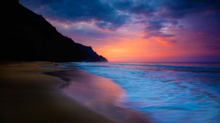 Beautiful Beach - nature, beach, landscape, clouds, mountains, sunset, sea