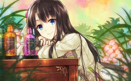 Shampoo - nice, beauty, female, smiling, anime girl, black hair, pretty, table, anime, bottle, cute, maiden, lady, adorable, girl, blue eyes, long hair, gown, lovely, cg, hd, kawaii, beautiful, sweet, smile, dress, happy