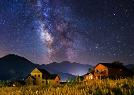 Milk Your Way - sky, stars, milky way, homes, field, mountains