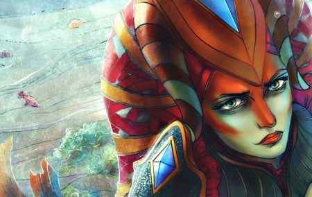 Naga - game, blue, girl, Dota2, orange, naga, fantasy, mermaid, red, digital, woman, art