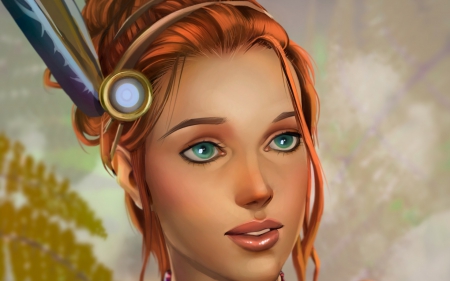 Fantasy girl - game, blue, Enslaved Odyssey to the West, portrait, girl, feather, green eyes, fantasy, redhead, digital, woman, face, art