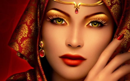 Beauty - face, red, digital, beauty, yellow, girl, eyes, art, golden, woman, green