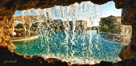 water fall - resorts, fantastic, water, drops, holidays, resort, aqua, wide screne, nature, waterfall, aquamarine, dual monitor, rocks, wallpaper