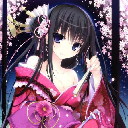 Red Kimono - female, hot, japanese, anime girl, black hair, japan, petals, anime, oriental, beauyt, kimono, sexy, girl, long hair, cg, hd, beautiful, yukata, blossom, flower