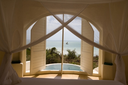 Beautiful View - architecture, ocean view, pool, window