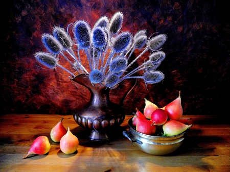 Still life - pretty, vase, beautiful, lovely, still life, bouquet, harmony, flowers, nice, fruits, pears