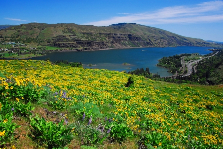 Lovely river view - sky, hills, summer, shore, lovely, rocks, nature, village, view, river, beautiful, grass, boat, wildflowers