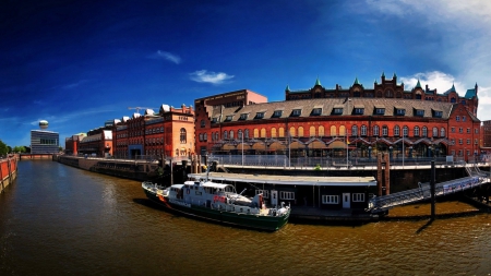 boat on a river at a hamburg museum - river, museum, boat, city, bridge, pier