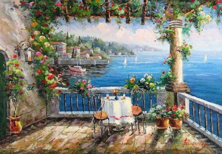 Mediterranean view - painting, table, sea, terrace, Mediterran