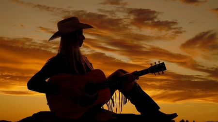 Cowgirl Silhouette - women, fun, female, sunsets, girls, cowgirls, style, outdoors, guitars, dusk, westerns