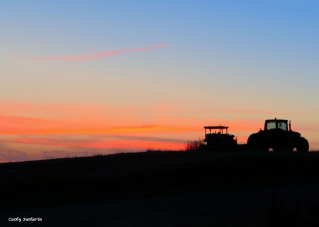 Farm Tractors in the Sunrise - work, sunrise, field, country, farm, tractor, sky