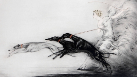 Speed - Louis Icart, yellow, colour, running, collar, blonde, leash, livingdoll, black, white, dogs, red, woman, blond, color, black white