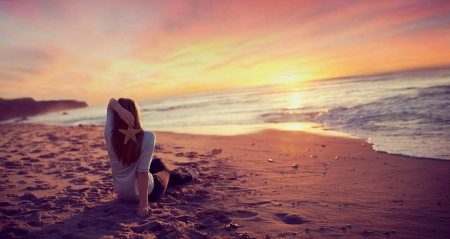 Summer â™¥ - woman, ocean, beach, girl, photography, summer, sunset, starfish, beautiful, sand, sea