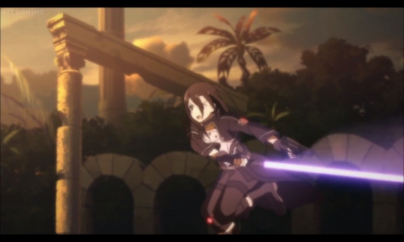 BattleField - sky, ggo, angry, sao, blade, black hair, armor, glowing, sinister, battle, dark, anime, sword, sword art online, scene, male, mad, gun gale online, light, long hair, night, running, kirito, ruin, run, cg, hd, glow, boy, weapon, pole, guy