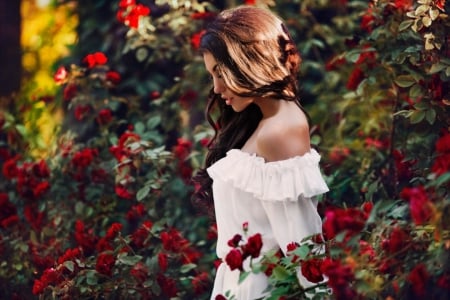 â™¥ - women, beauty, lady, trees, sunlight, model, nature, flowers, red roses