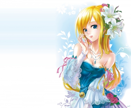 Blonde - gown, flower, blond hair, plain, maiden, beautiful, blonde, hot, anime girl, girl, white, blond, blonde hair, lady, gorgeous, simple, beauty, anime, hd, dress, cg, long hair, sexy, female