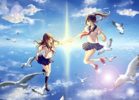 Between the Sky - dove, magic, anime girl, miniskirt, holding, feather, skirt, scenic, light, long hair, flying, beautiful, sweet, nice, realistic, beauty, sky, female, fantasy, brown hair, pretty, cloud, sunray, hand, anime, scene, sunlight, girl, lovely, bird, pigeon, scenery, float