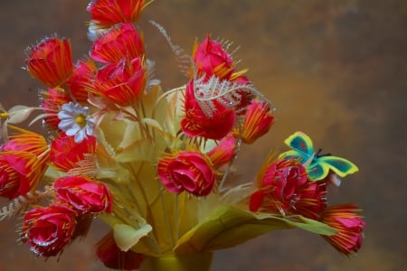 Pretty bouquet - nice, bouquet, lovely, butterfly, art, pretty, beautiful, leaves, flowers, harmony