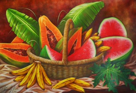 Still life - pretty, melon, summer, beautiful, still life, leaves, bananas, basket, painting, yummy, fruits, art