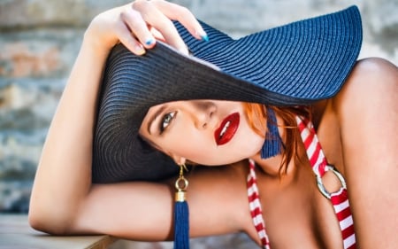 Beauty - woman, beauty, girl, hat, summer, make-up, model, red, blue