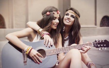 Music joy - guitar, instrument, joy, model, music, girl, couple, woman