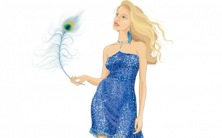 The peacock feather - woman, girl, fantasy, white, peacock, art, blue, feather, dress, blonde