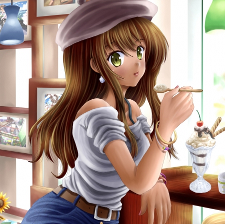 Sun Dae - maiden, beautiful, delicious, anime girl, yummy, girl, lady, table, food, blouse, sundae, pretty, beauty, sweet, brown hair, anime, ice cream, long hair, icecream, home, nice, lovely, female, house