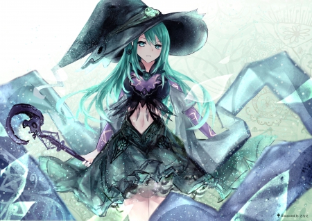 Natsumi - wand, anime, female, dress, green hair, gloomy, evil, long hair, rod, gloom, gorgeous, hd, weapon, sorrow, gown, anime girl, beautiful, hot, staff, girl, beauty, cg, witch, sinister, awesome, green, sexy, date a live