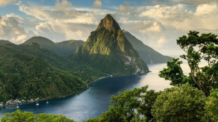 Pyramid Mountain - houses, trees, mountain, river, pyramid