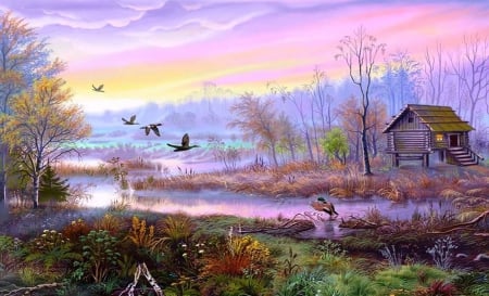 Beautiful Morning Sunrise - Water, Beautiful, Fantasy, Sunrise, Birds, Abstract