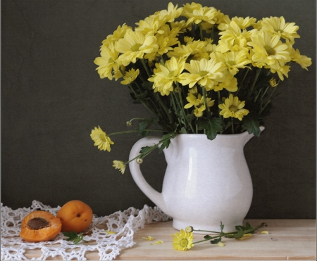 Still Life - flowers, apricot, jar, still life