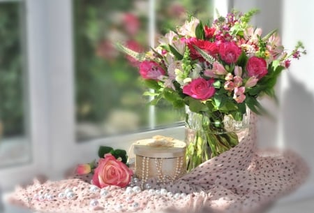 Roses and Pearls - pearls, window, roses, arrangement, bouquet, still life, vase