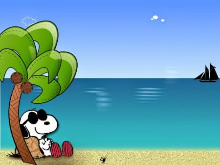 Snoopy In Paradise - ocean, beach, water, summer, sunglasses, crab, coconut, ship, snoopy, clouds, dog, rock, tree, sand