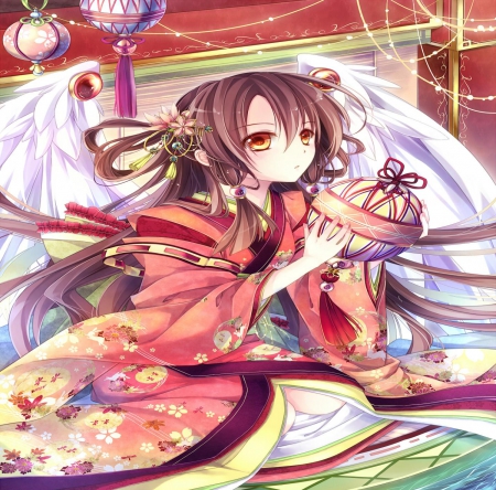 Kimono - angel, girl, long hair, wings, japanese, kimono, orginal