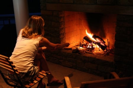 A quiet evening - Stone, Woman, Blonde, Fireplace