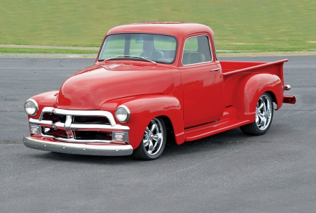 54 Chevy - red, bowtie, classic, tuck