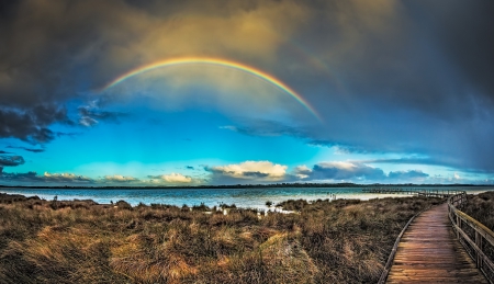 Rainbow Over Lake Clifton - sky, rainbow, lake, nature, pier, walkway, beautiful, clouds, australia, grass